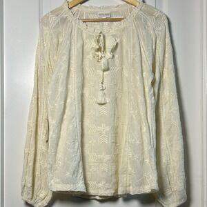 Shyanne Cream Embroidered Tassel Tie Balloon Sleeve Peasant Blouse Western Style